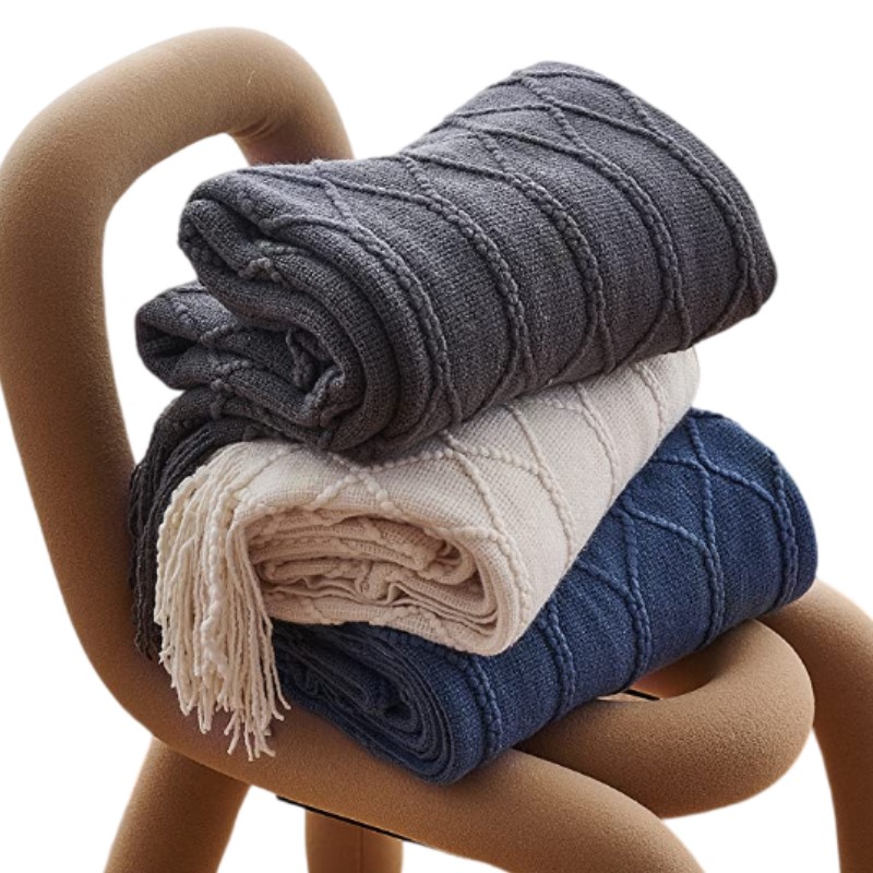 Throw Blanket Chunky Knit - Coperta Vintage in Maglia con Frange,